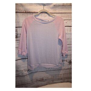 Waffle Knit Raglan Top Pink Gray Colorblock Medium Cozy Casual